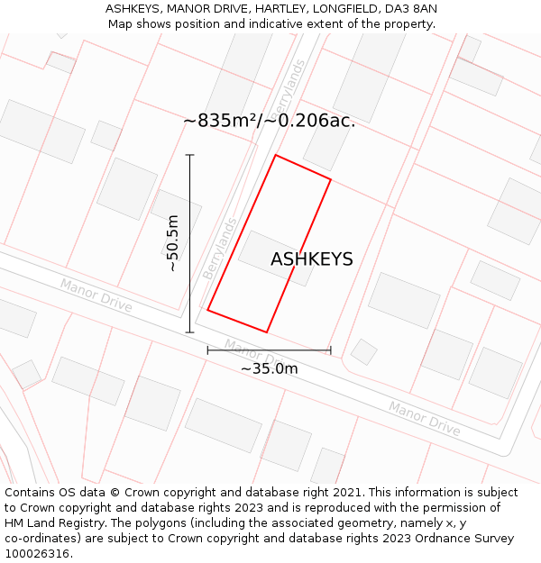 ASHKEYS, MANOR DRIVE, HARTLEY, LONGFIELD, DA3 8AN: Plot and title map