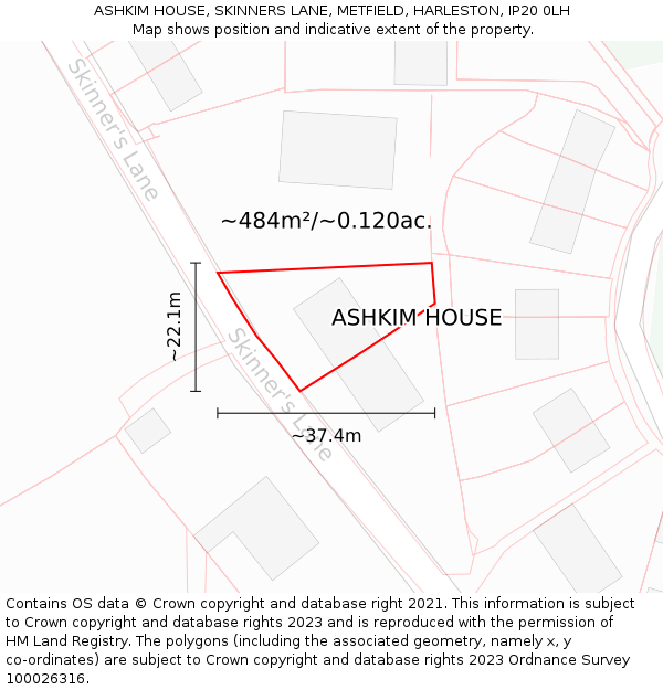ASHKIM HOUSE, SKINNERS LANE, METFIELD, HARLESTON, IP20 0LH: Plot and title map