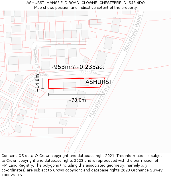 ASHURST, MANSFIELD ROAD, CLOWNE, CHESTERFIELD, S43 4DQ: Plot and title map