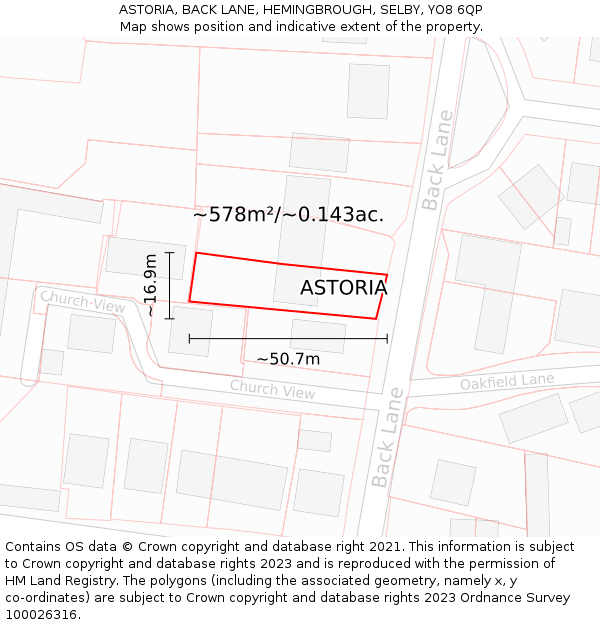 ASTORIA, BACK LANE, HEMINGBROUGH, SELBY, YO8 6QP: Plot and title map