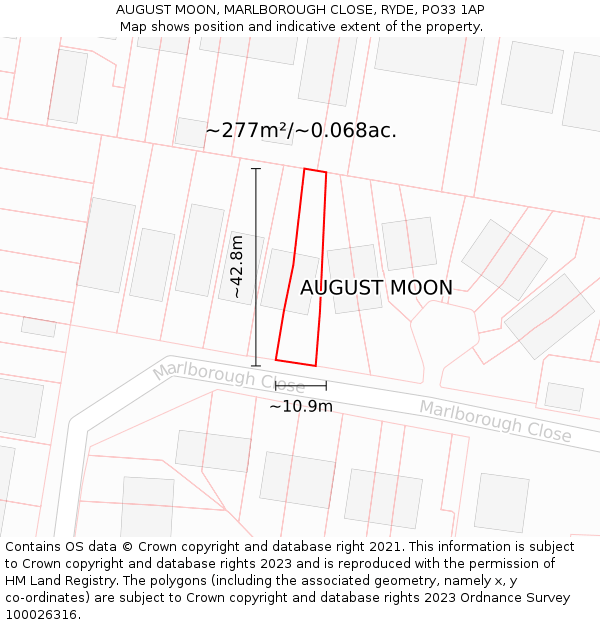 AUGUST MOON, MARLBOROUGH CLOSE, RYDE, PO33 1AP: Plot and title map