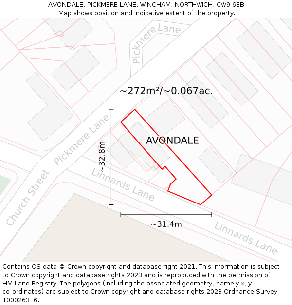AVONDALE, PICKMERE LANE, WINCHAM, NORTHWICH, CW9 6EB: Plot and title map