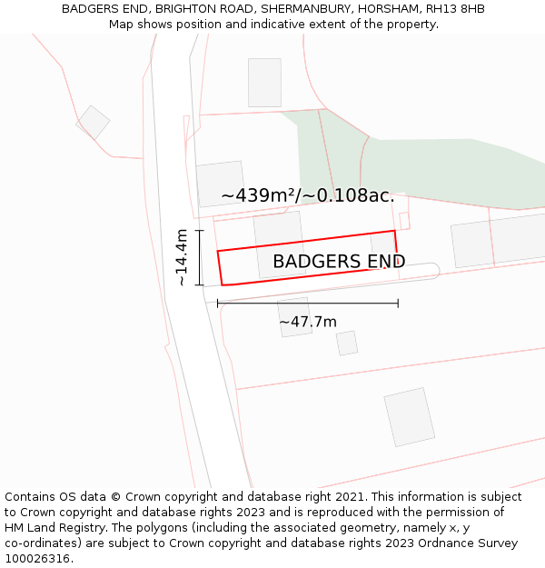 BADGERS END, BRIGHTON ROAD, SHERMANBURY, HORSHAM, RH13 8HB: Plot and title map