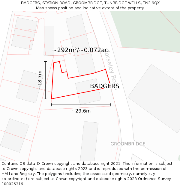 BADGERS, STATION ROAD, GROOMBRIDGE, TUNBRIDGE WELLS, TN3 9QX: Plot and title map
