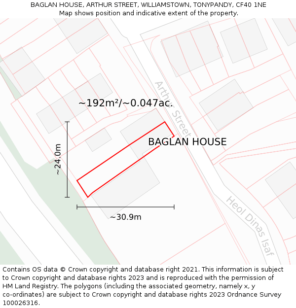 BAGLAN HOUSE, ARTHUR STREET, WILLIAMSTOWN, TONYPANDY, CF40 1NE: Plot and title map