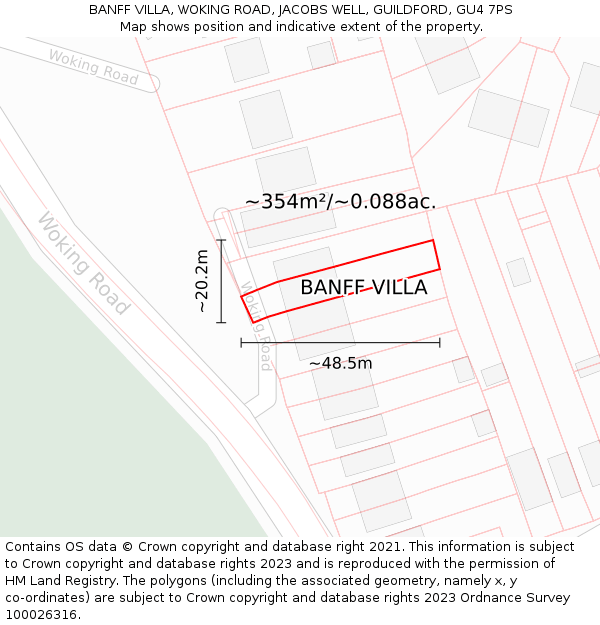 BANFF VILLA, WOKING ROAD, JACOBS WELL, GUILDFORD, GU4 7PS: Plot and title map
