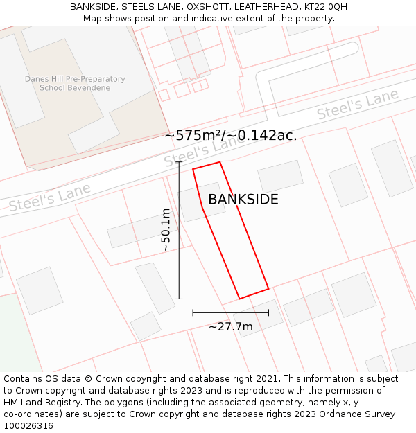 BANKSIDE, STEELS LANE, OXSHOTT, LEATHERHEAD, KT22 0QH: Plot and title map