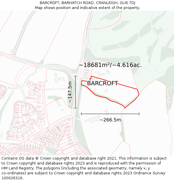 BARCROFT, BARHATCH ROAD, CRANLEIGH, GU6 7DJ: Plot and title map