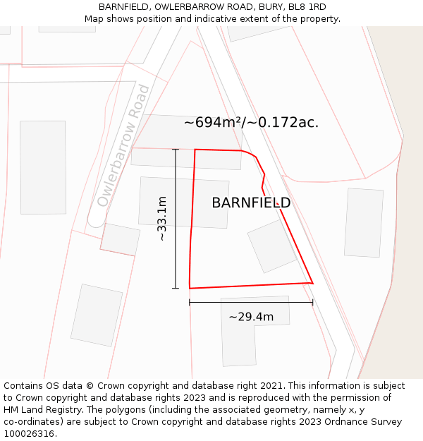 BARNFIELD, OWLERBARROW ROAD, BURY, BL8 1RD: Plot and title map