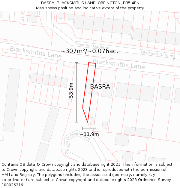 BASRA, BLACKSMITHS LANE, ORPINGTON, BR5 4EN: Plot and title map