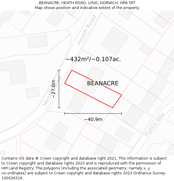 BEANACRE, HEATH ROAD, LYNG, NORWICH, NR9 5RT: Plot and title map