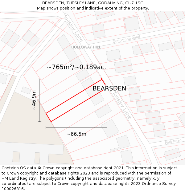 BEARSDEN, TUESLEY LANE, GODALMING, GU7 1SG: Plot and title map