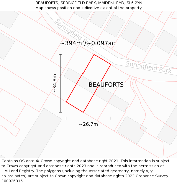 BEAUFORTS, SPRINGFIELD PARK, MAIDENHEAD, SL6 2YN: Plot and title map