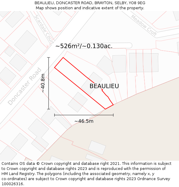 BEAULIEU, DONCASTER ROAD, BRAYTON, SELBY, YO8 9EG: Plot and title map