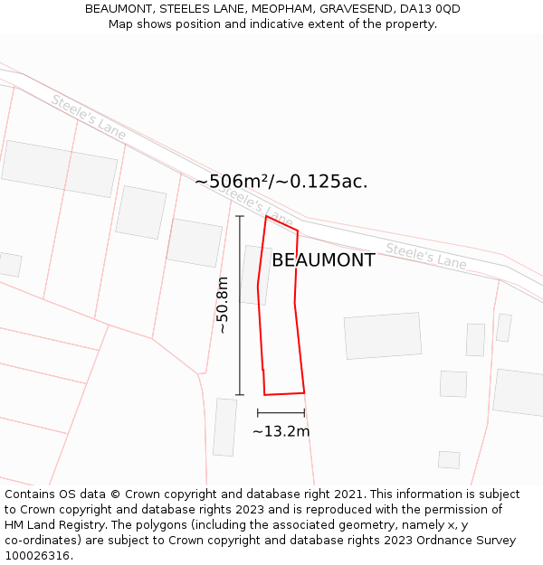 BEAUMONT, STEELES LANE, MEOPHAM, GRAVESEND, DA13 0QD: Plot and title map