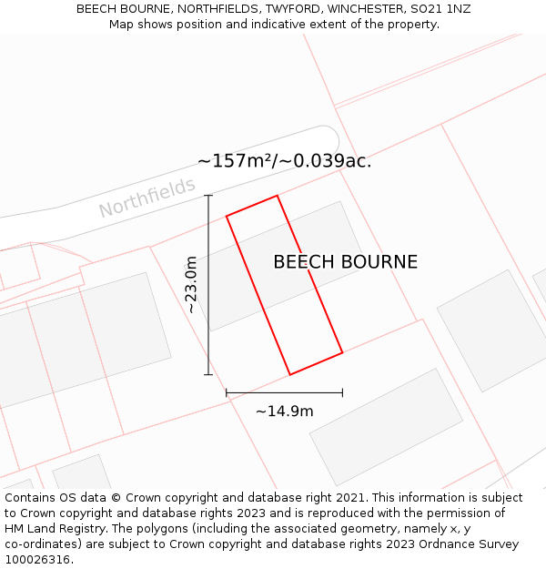 BEECH BOURNE, NORTHFIELDS, TWYFORD, WINCHESTER, SO21 1NZ: Plot and title map