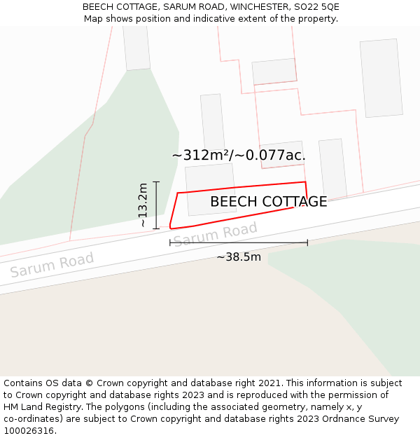 BEECH COTTAGE, SARUM ROAD, WINCHESTER, SO22 5QE: Plot and title map