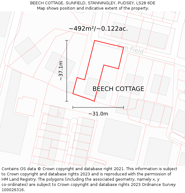 BEECH COTTAGE, SUNFIELD, STANNINGLEY, PUDSEY, LS28 6DE: Plot and title map