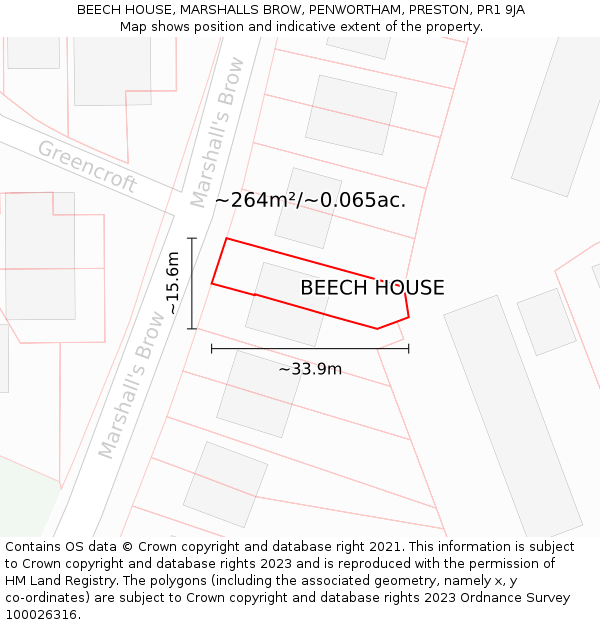 BEECH HOUSE, MARSHALLS BROW, PENWORTHAM, PRESTON, PR1 9JA: Plot and title map