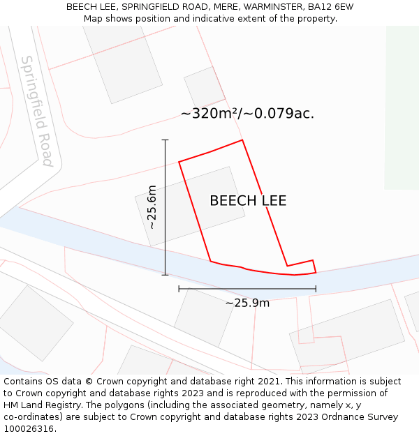 BEECH LEE, SPRINGFIELD ROAD, MERE, WARMINSTER, BA12 6EW: Plot and title map
