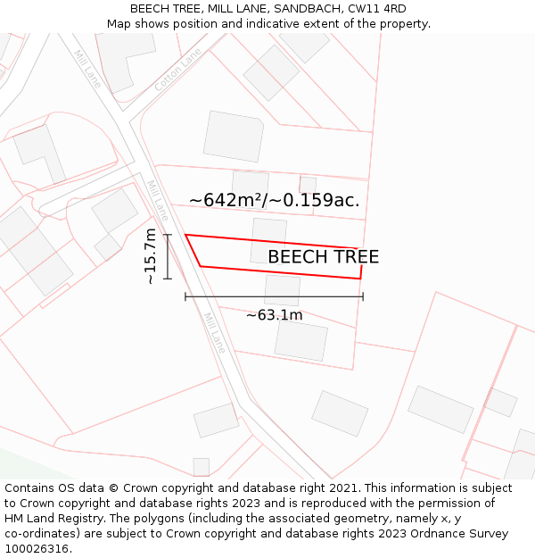 BEECH TREE, MILL LANE, SANDBACH, CW11 4RD: Plot and title map