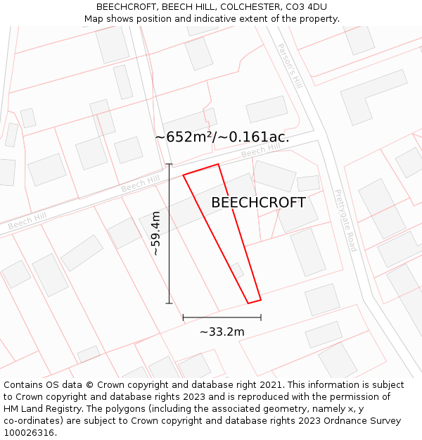 BEECHCROFT, BEECH HILL, COLCHESTER, CO3 4DU: Plot and title map