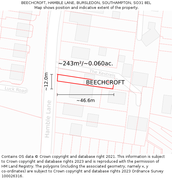 BEECHCROFT, HAMBLE LANE, BURSLEDON, SOUTHAMPTON, SO31 8EL: Plot and title map
