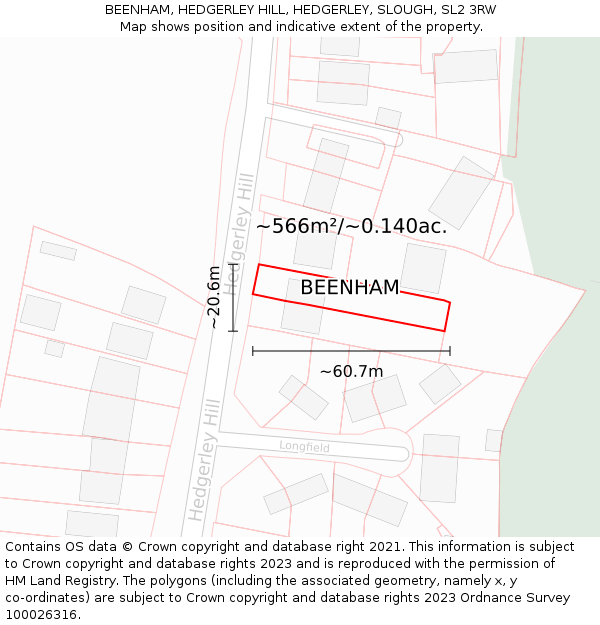 BEENHAM, HEDGERLEY HILL, HEDGERLEY, SLOUGH, SL2 3RW: Plot and title map