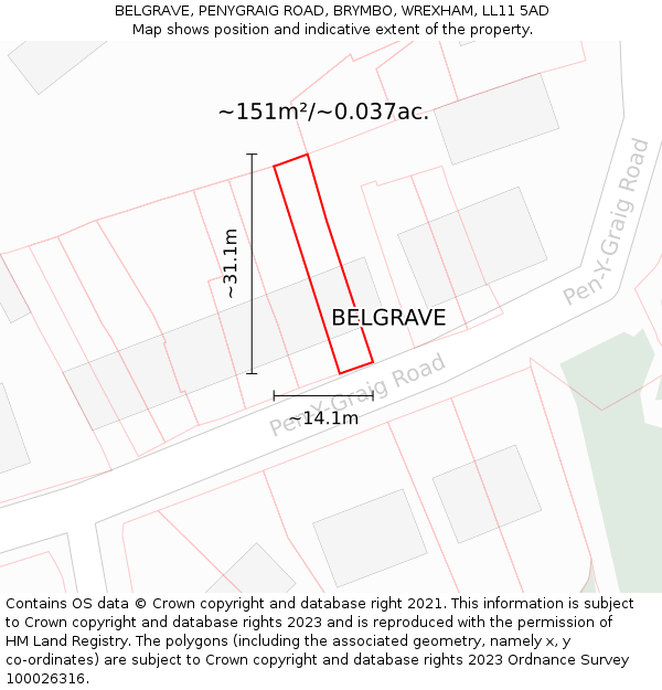 BELGRAVE, PENYGRAIG ROAD, BRYMBO, WREXHAM, LL11 5AD: Plot and title map