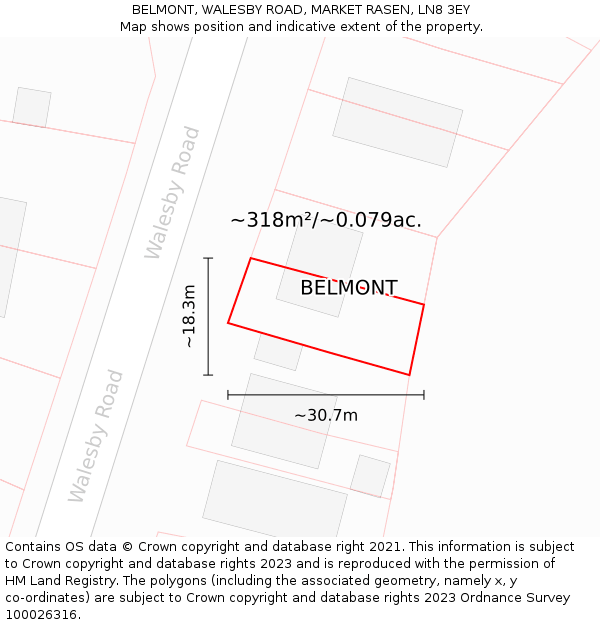 BELMONT, WALESBY ROAD, MARKET RASEN, LN8 3EY: Plot and title map