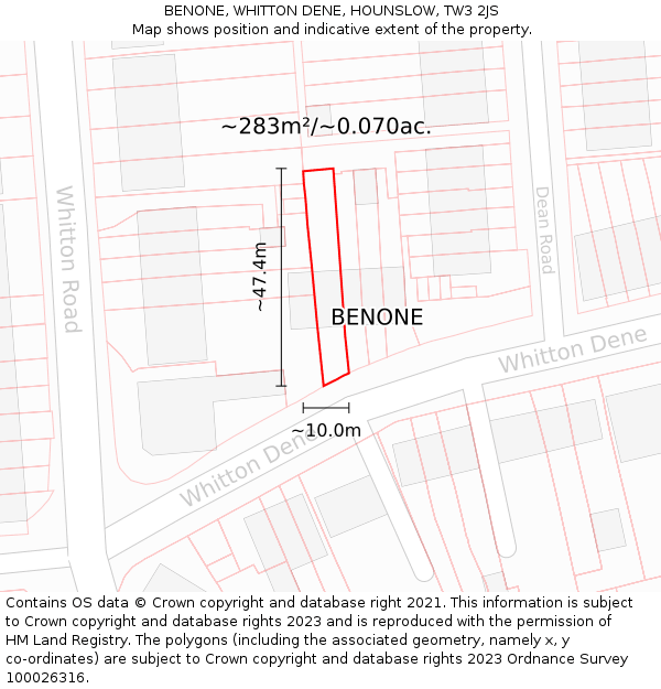 BENONE, WHITTON DENE, HOUNSLOW, TW3 2JS: Plot and title map