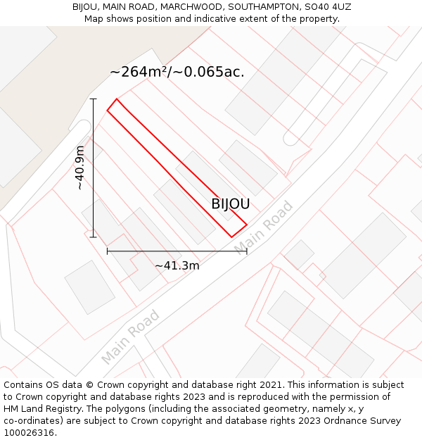 BIJOU, MAIN ROAD, MARCHWOOD, SOUTHAMPTON, SO40 4UZ: Plot and title map
