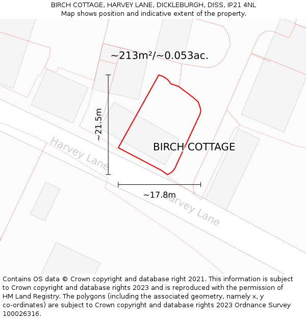 BIRCH COTTAGE, HARVEY LANE, DICKLEBURGH, DISS, IP21 4NL: Plot and title map