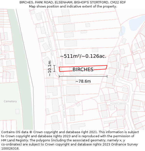 BIRCHES, PARK ROAD, ELSENHAM, BISHOP'S STORTFORD, CM22 6DF: Plot and title map