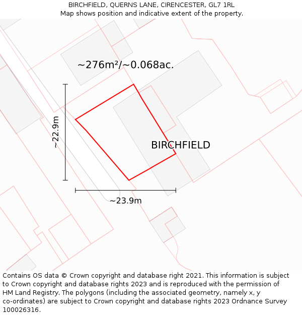 BIRCHFIELD, QUERNS LANE, CIRENCESTER, GL7 1RL: Plot and title map