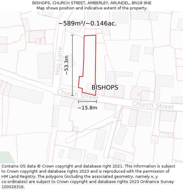 BISHOPS, CHURCH STREET, AMBERLEY, ARUNDEL, BN18 9NE: Plot and title map