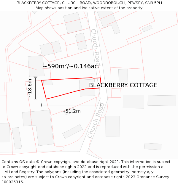 BLACKBERRY COTTAGE, CHURCH ROAD, WOODBOROUGH, PEWSEY, SN9 5PH: Plot and title map
