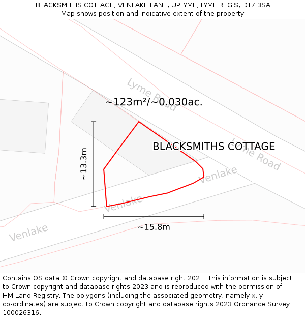 BLACKSMITHS COTTAGE, VENLAKE LANE, UPLYME, LYME REGIS, DT7 3SA: Plot and title map