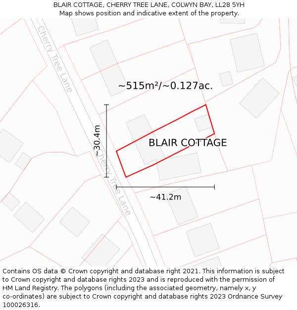 BLAIR COTTAGE, CHERRY TREE LANE, COLWYN BAY, LL28 5YH: Plot and title map