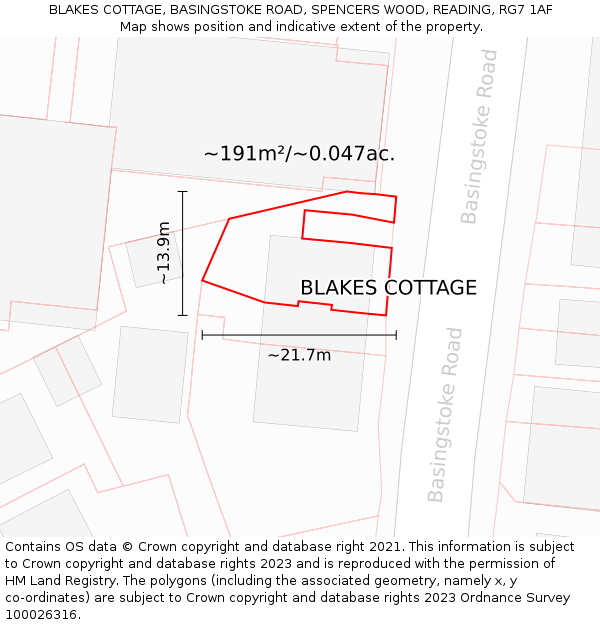 BLAKES COTTAGE, BASINGSTOKE ROAD, SPENCERS WOOD, READING, RG7 1AF: Plot and title map