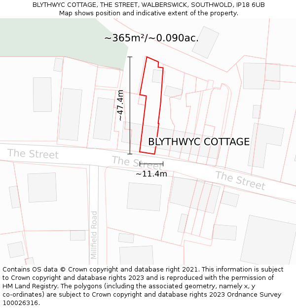 BLYTHWYC COTTAGE, THE STREET, WALBERSWICK, SOUTHWOLD, IP18 6UB: Plot and title map