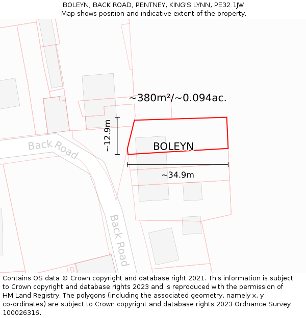 BOLEYN, BACK ROAD, PENTNEY, KING'S LYNN, PE32 1JW: Plot and title map