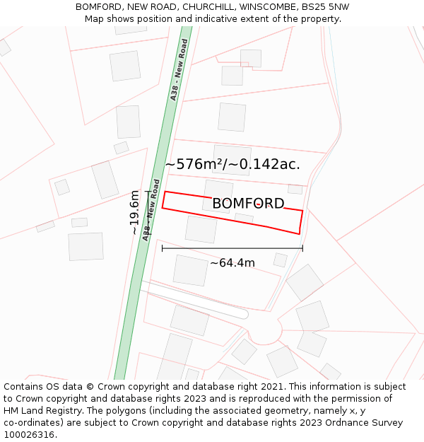 BOMFORD, NEW ROAD, CHURCHILL, WINSCOMBE, BS25 5NW: Plot and title map