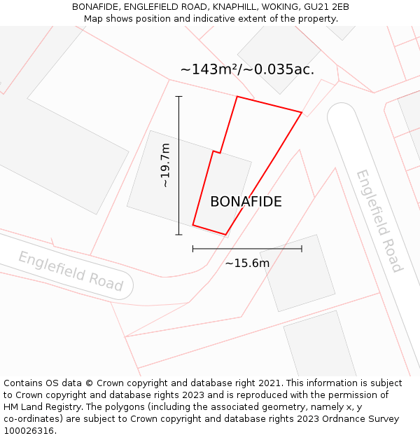 BONAFIDE, ENGLEFIELD ROAD, KNAPHILL, WOKING, GU21 2EB: Plot and title map