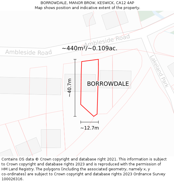 BORROWDALE, MANOR BROW, KESWICK, CA12 4AP: Plot and title map