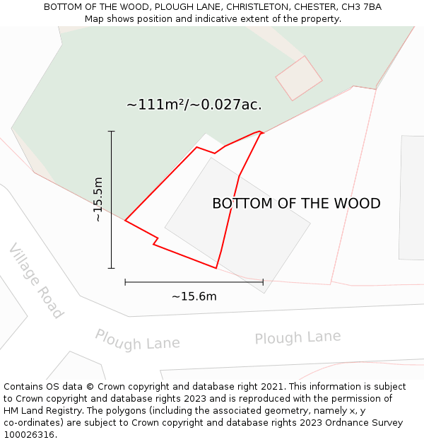BOTTOM OF THE WOOD, PLOUGH LANE, CHRISTLETON, CHESTER, CH3 7BA: Plot and title map