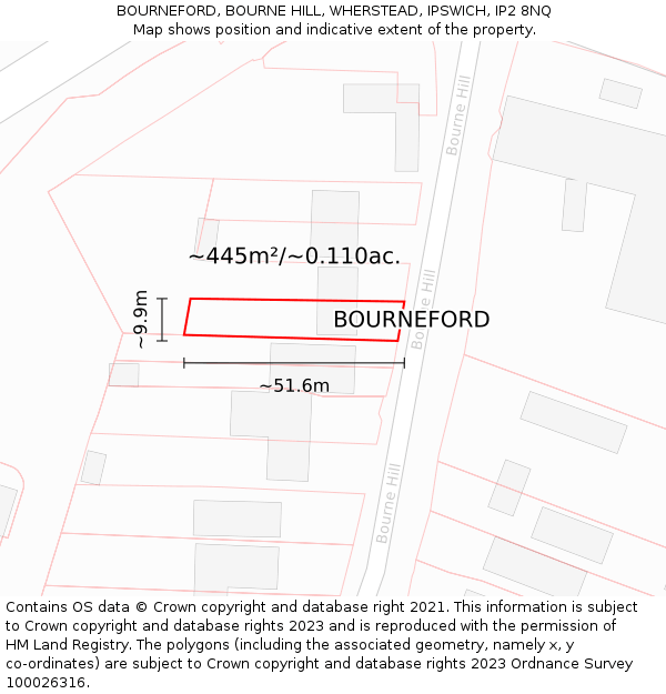BOURNEFORD, BOURNE HILL, WHERSTEAD, IPSWICH, IP2 8NQ: Plot and title map