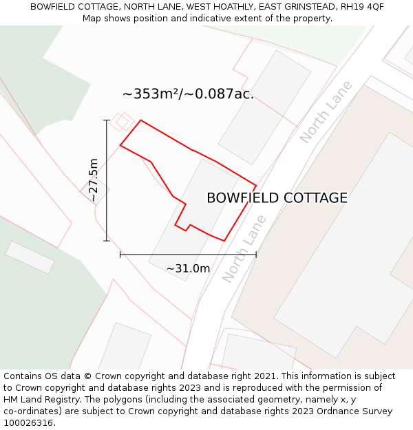 BOWFIELD COTTAGE, NORTH LANE, WEST HOATHLY, EAST GRINSTEAD, RH19 4QF: Plot and title map