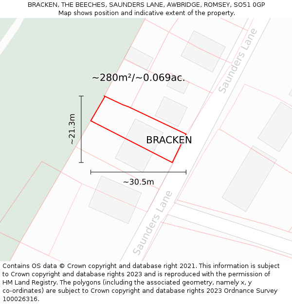 BRACKEN, THE BEECHES, SAUNDERS LANE, AWBRIDGE, ROMSEY, SO51 0GP: Plot and title map