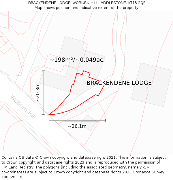 BRACKENDENE LODGE, WOBURN HILL, ADDLESTONE, KT15 2QE: Plot and title map